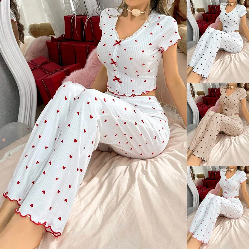 Elegant White Ribbed Print Pants Sets Pajamas Women Knitted V-Neck Loose Tops Autumn Elastic Long Pants Sleepwears Vintage