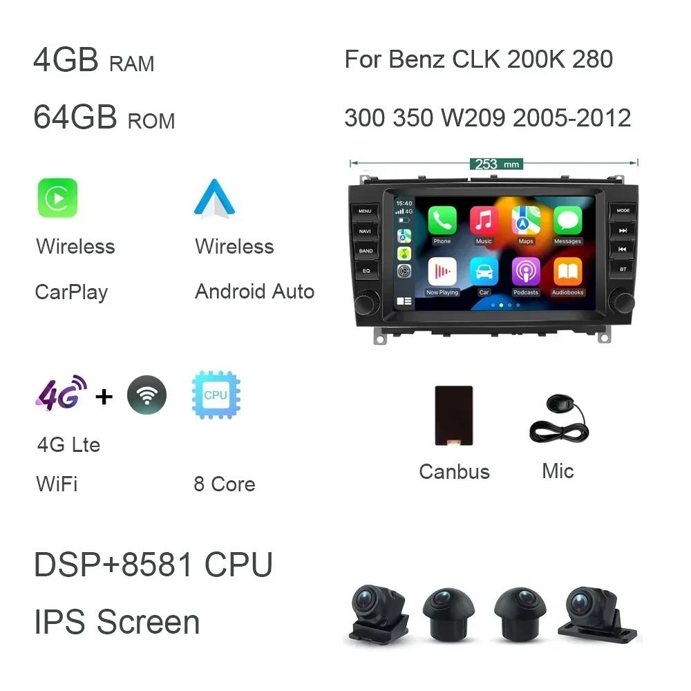 720P Carplay 8 "Android 14.0 8G + 256G Auto Dvd-speler Autoradio GPS navigatie Voor Benz CLK 200K 280 300 350 W209 2005-2012 Radio
