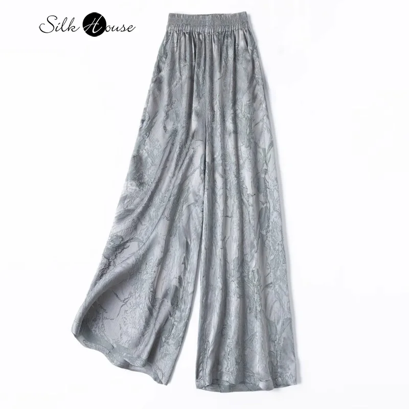 

Rare Fabric Artistic Gray Art Retro Style 30MM Heavyweight 42% Natural Mulberry Silk Kesi Women's Wide Leg Pants