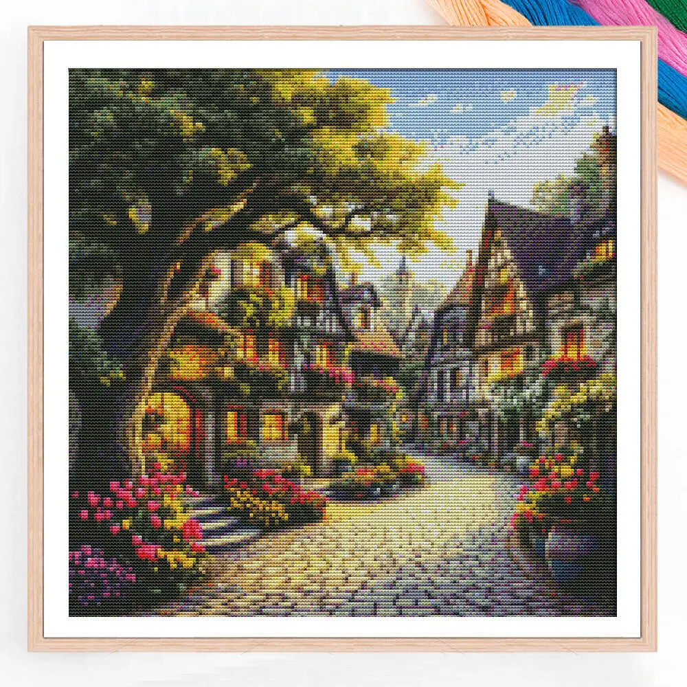 

11CT New Arrivals Cross Stich City Landscape DIY Full Flower Scenery Printed Fabric Embroidery Kits Handmade Needlework