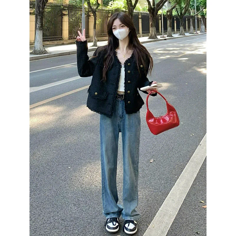 

High Waist Straight Leg Blue Vintage Jeans Women's Extended Long Tall plus Size Floor Length Wide Leg Trendy INS Versatile