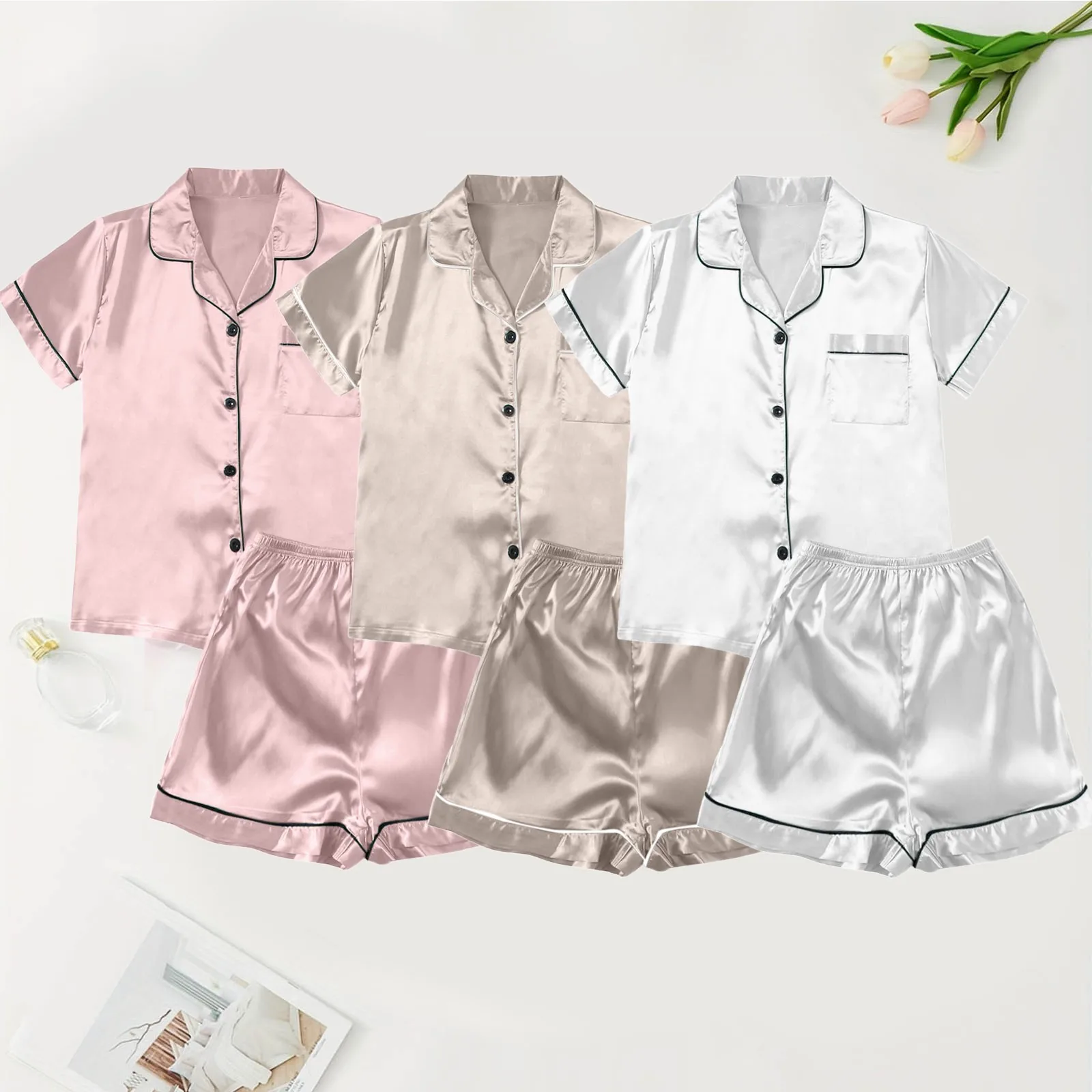6pcs / Three Pair Summer Womens Silk Satin Pajamas Set Short Sleeve Shorts Two-Piece Pj Sets Sleepwear Loungewear Button-Shirts
