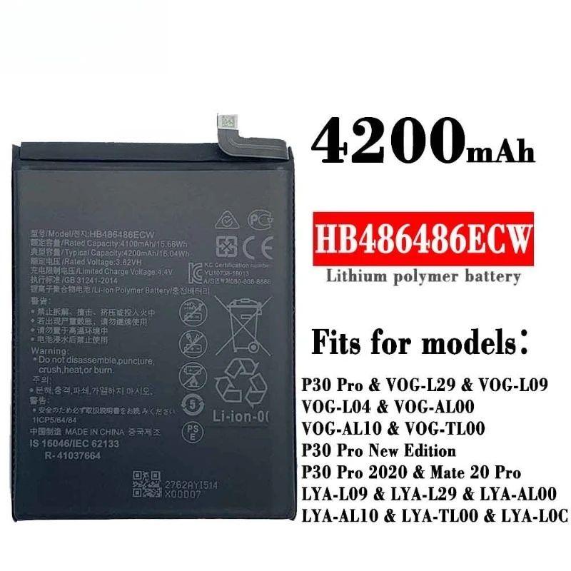 HB486486ECW für Huawei P30 Pro Mate 20Pro 20 RS 20X 5G VOG-L29/L09/ L04/AL00 LYA-L09/L29/AL00 Handy Batterie 4200 mAh + Werkzeuge