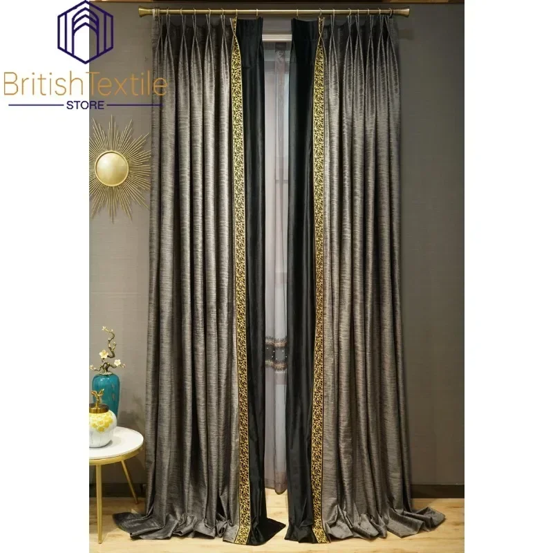 European Velvet Blackout Grey Luxury Curtains for Living Room Tulle Vintage Golden Lace Stitching Bedroom Custom Dining Room