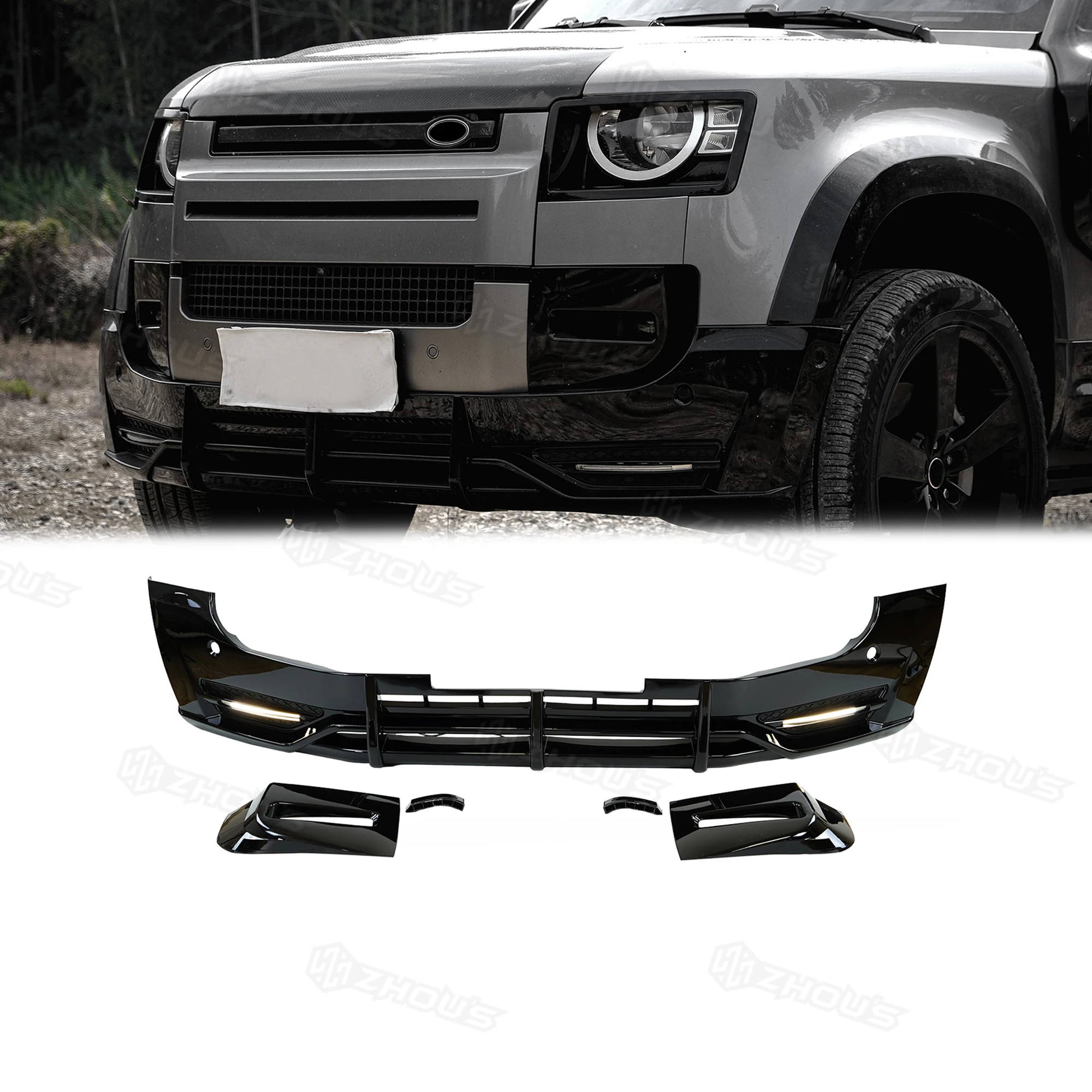 

Лидер продаж, АБС-пластик, глянцевый черный передний бампер, разделитель губ, юбка, обвес автомобиля со светодиодом для Defender 90