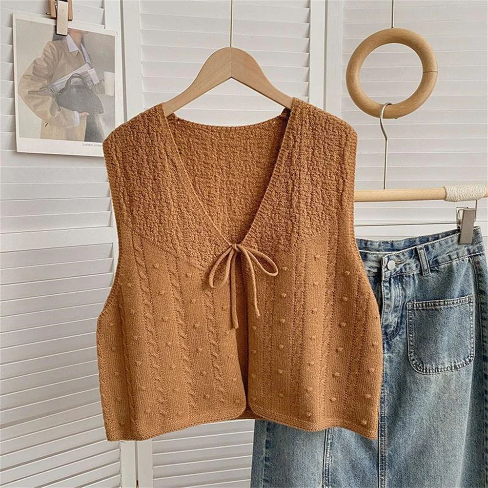 Korean V-neck Sleeveless Simple Knitted Cardigan Female Waistcoat Autumn Loose Casual Top Vintage Lace Up Sweater Vest Women New