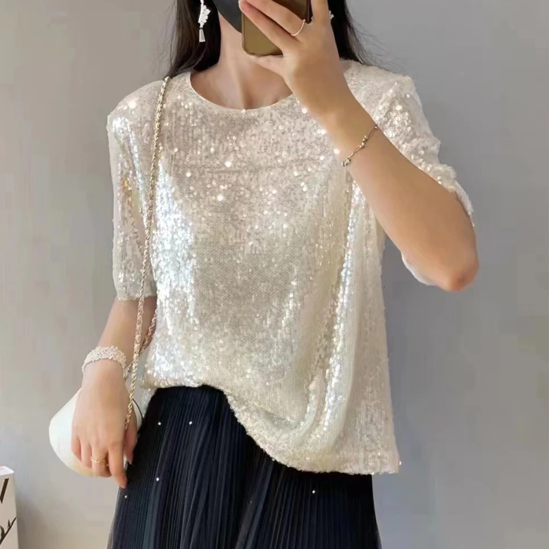 Fashionable Beaded Short Sleeve Spring New Arrival Shirt Bright Sequins Versatile Quality Street Style round Neck Five Sleeve...