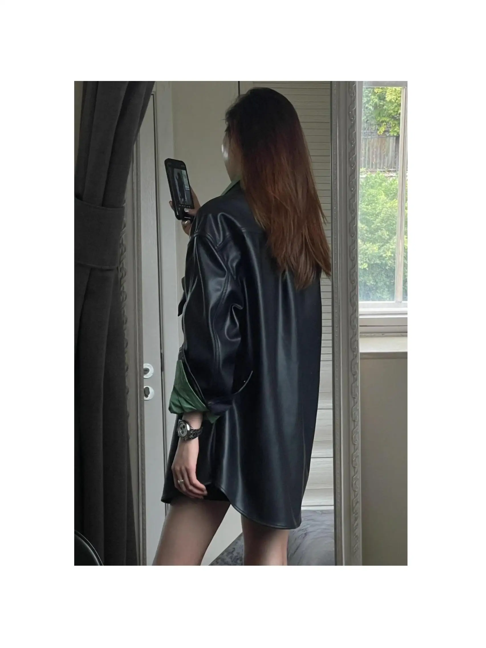 RuiDa Wczesna Jesień 2025 Nowa Luźna Damska Kurtka Casualowa z Ekoskóry PU, Elegancki Skórzany Płaszcz z Długim Rękawem i Ozdobnymi Guzikami