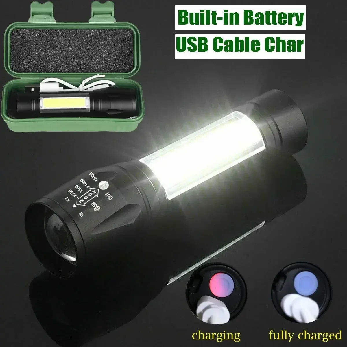 Mini Portable LED Flashlight USB Rechargeable Small Pocket Light Built In Battery Fixed Focus Zoomable Camping Searching Lantern