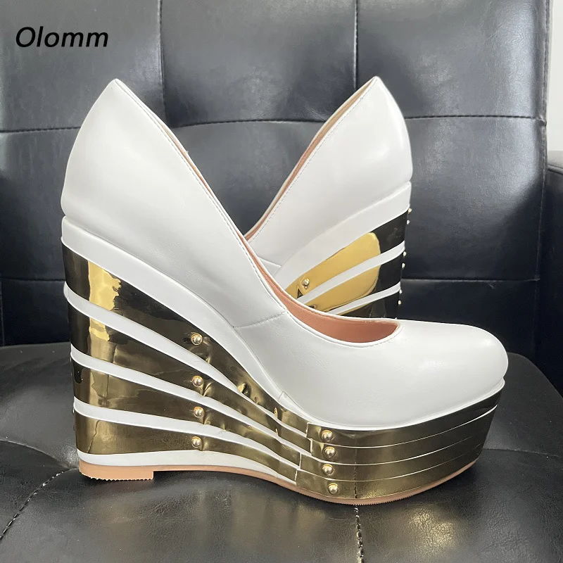 Olomm اليدوية النساء مضخات أسافين عالية الكعب جولة تو رائع الذهب والفضة الشمبانيا أحذية الحفلات السيدات حجم 35-52 #1