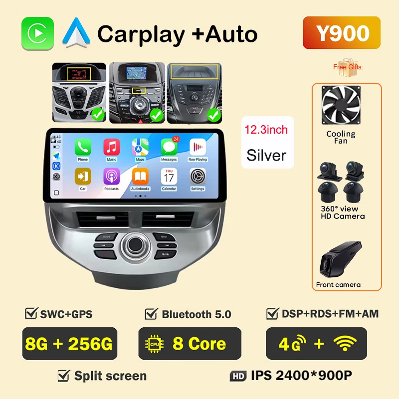 12.3 inch Autoradio Voor Ford Fiesta MK6 MK7 2009-2016 LHD RHD Android Multimedia Video Player GPS draadloze Carplay QLED Scherm