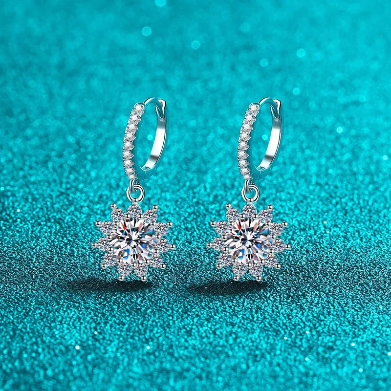 

White Gold Plated 1-2ct Moissanite Drop Earrings for Women Diamond Jewelry 925 Sterling Silver Sunflower Earring for Girl