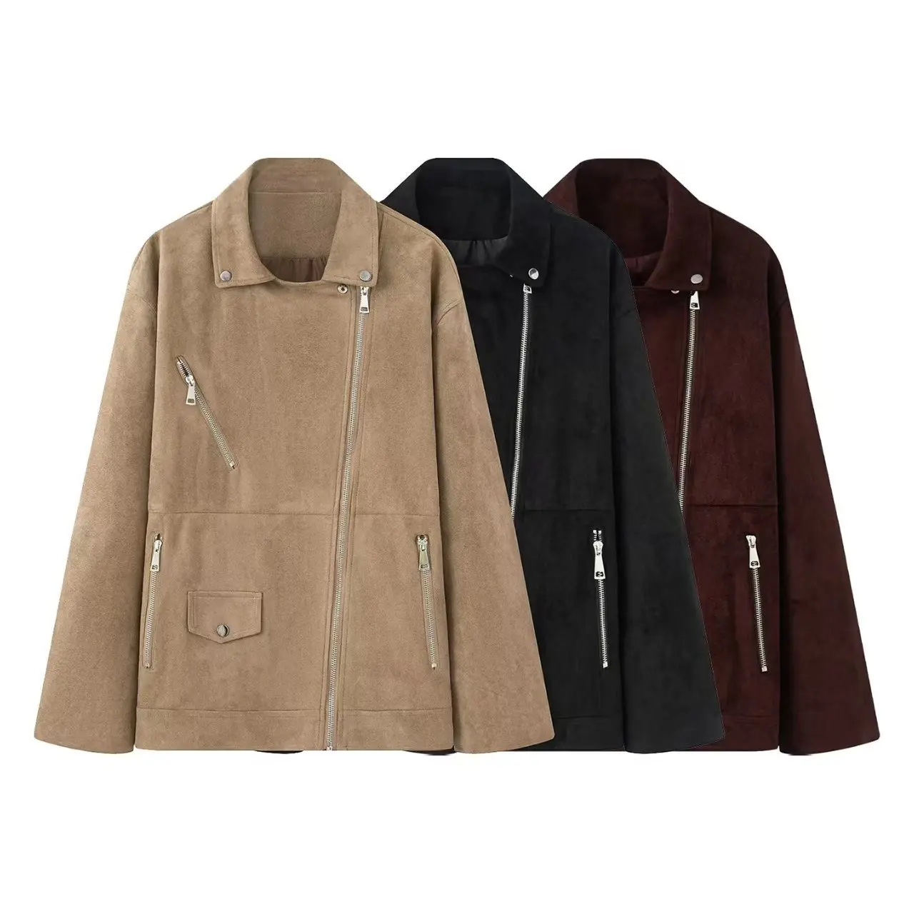 KIDCRKJ Best verkochte dames lente suède buitenjas met meerdere ritsen, effen, losvallende dames pilotenjas, Instagram-stijl, stijlvolle damesjas