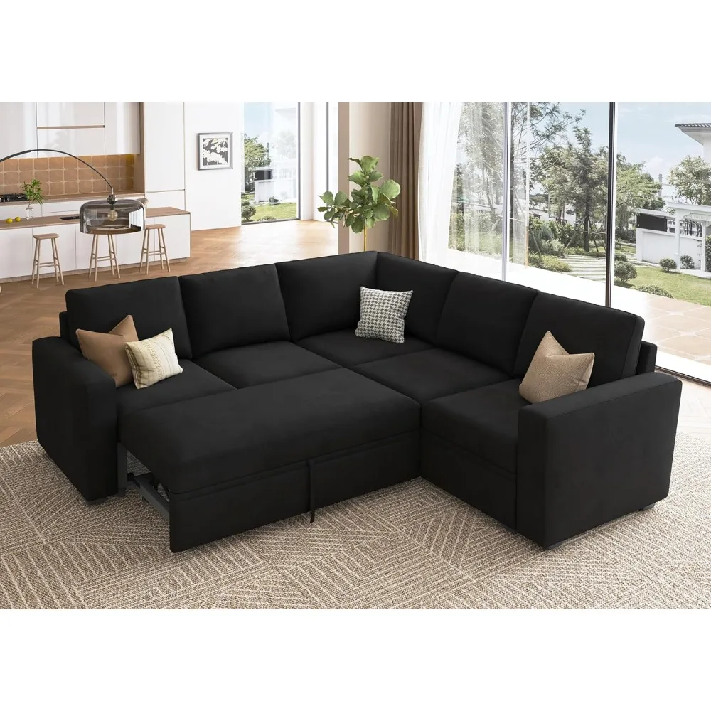 

Sectional Sleeper Sofa with Pull Out Bed, Velvet L Shaped Couch with Storage Seat, Modular Sectional Couches for Living Room, B