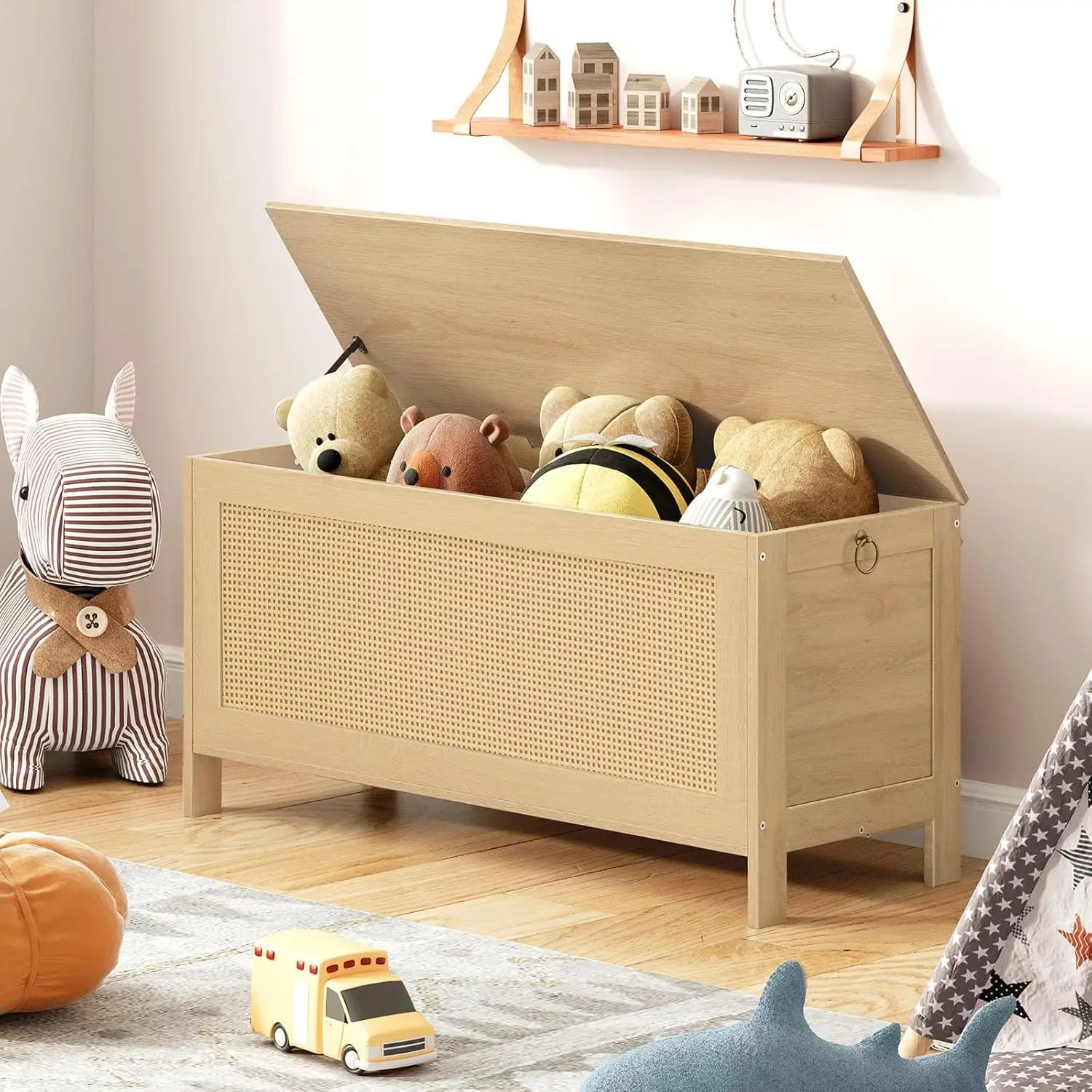 

Storage Bench, Toy Chest, Storage Chest with Faux Rattan Decoration, Large Toy Box, 39.4'' Toy Storage Organizer