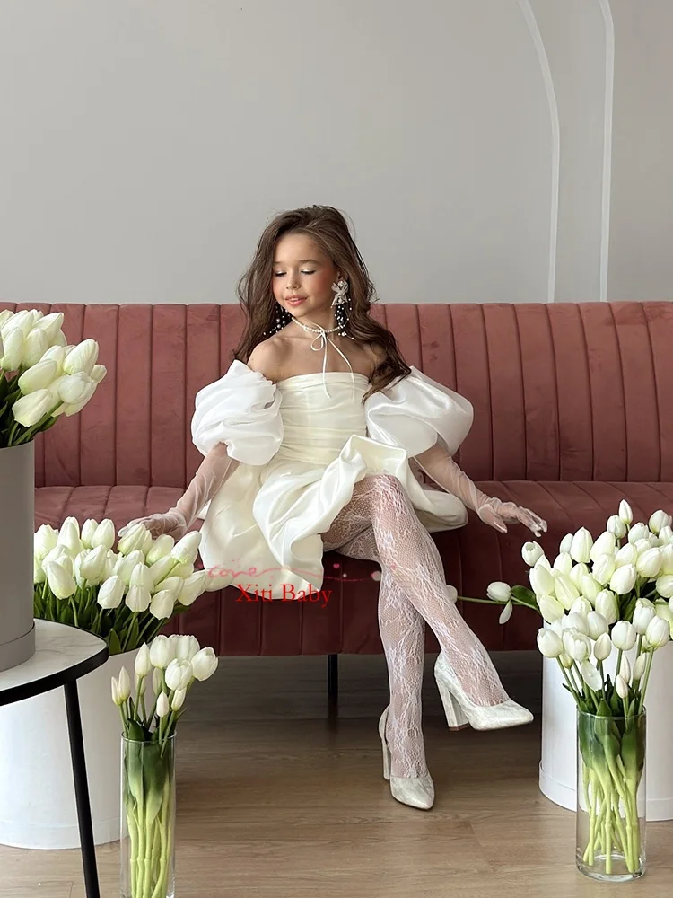 ชุดเดรสเด็กผู้หญิง, ชุดเดรสจับจีบแบบเปิดไหล่, ชุดเดรสงานแต่งงานแขนพองสำหรับเด็กผู้หญิง, ชุดเดรสงานพรอมแบบสั่งตัด