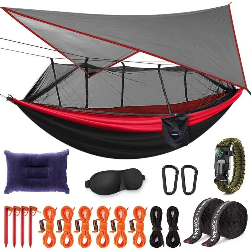 

Hammock with Net and Rain Fly - Portable Double with Bug Net and Tent Tarp Heavy Duty Tree Strap for Travel