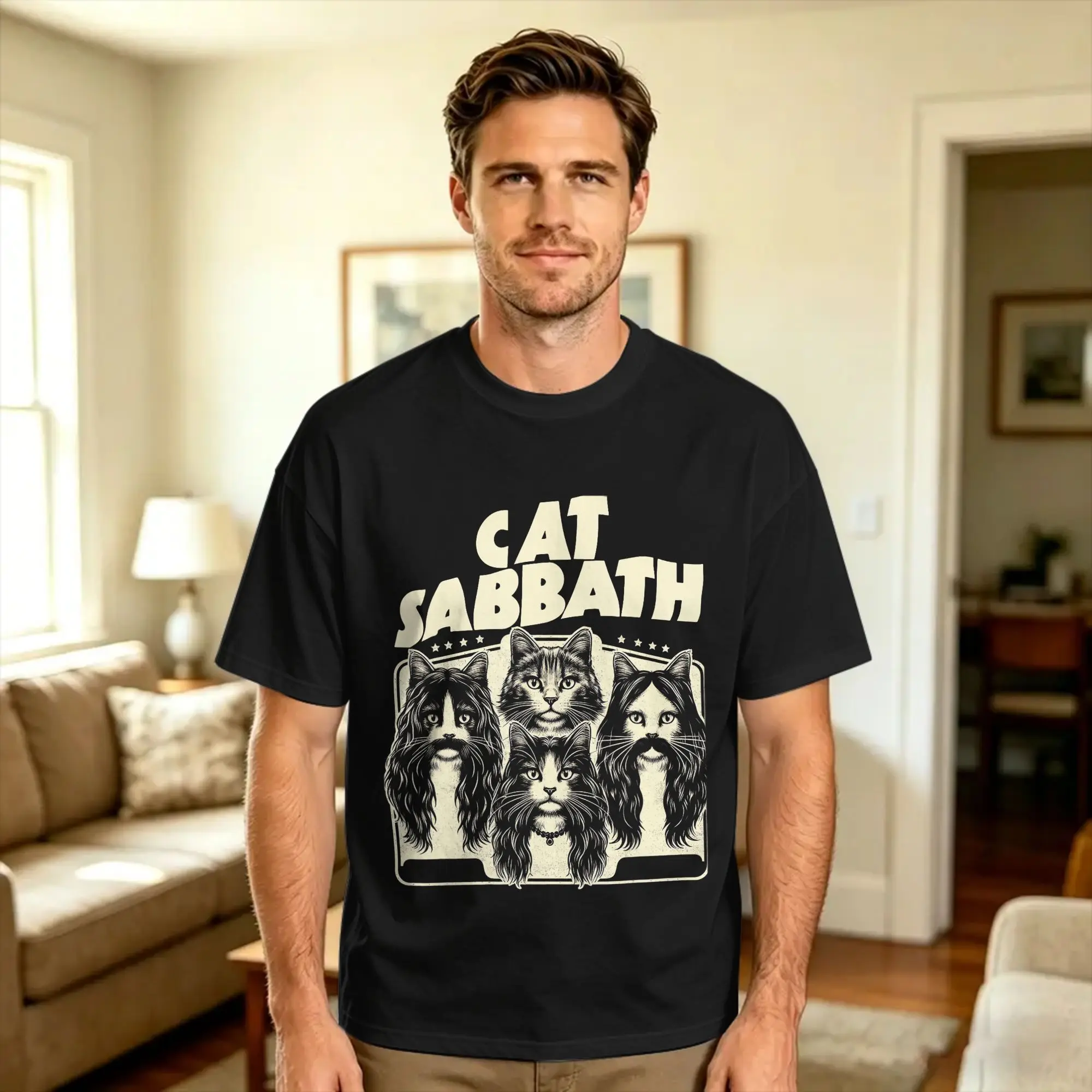 Cat Sabbath Funny Cat Cotton T-Shirt For Men's Summer  Awesome T-Shirts Harajuku Tee Shirt Big Size Pattern Clothing