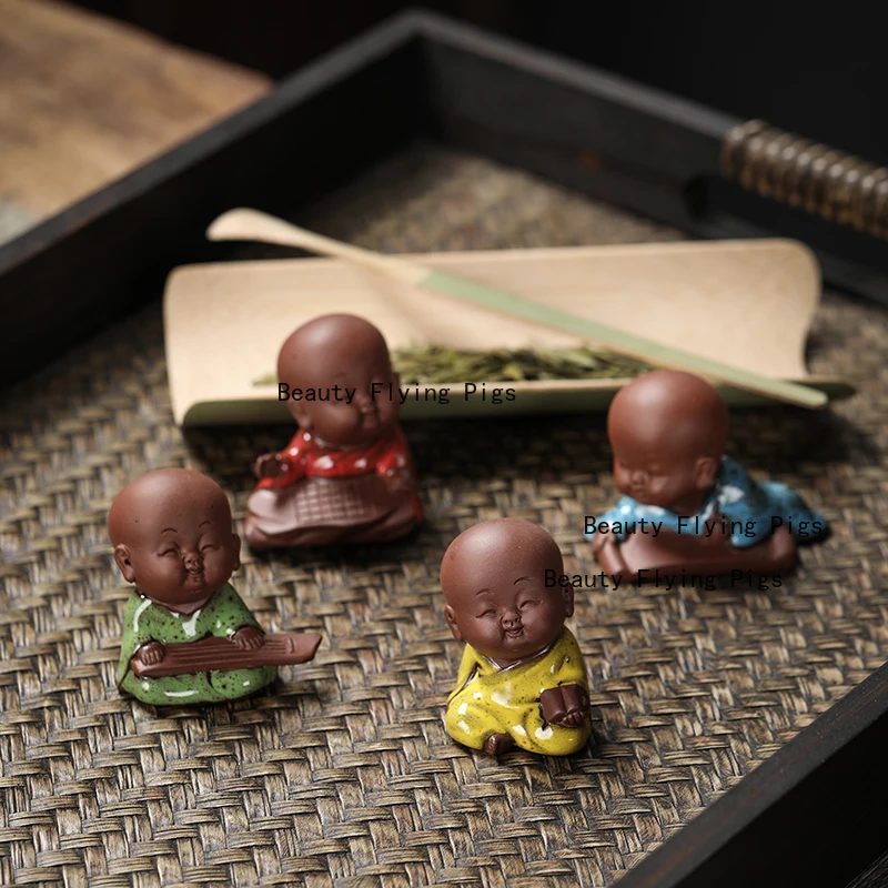 Little monk purple clay tea pet ornaments qin chess calligraphy painting flower pot decorations handicrafts view 4