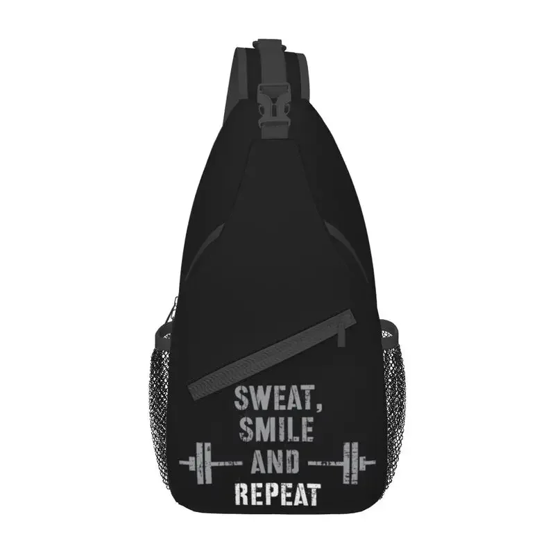 

Fashion Sweat Smile And Repeat Gym Sport Crossbody Sling Backpack Men Bodybuilding Workout Quote Shoulder Chest Bags for Hiking