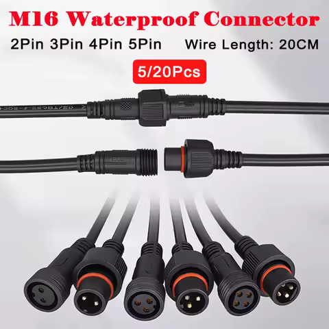 5/20Pcs M16 Waterproof 2 3 4 5 Pin IP65 Cable Wire Plug Male and Female Jack 22mm nut Connector 20CM OD 6mm LED Lighting Systems