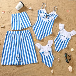 Striped Family Swimsuits One-Piece Mother Daughter Matching Swimwear Mommy and Me Bikini Dresses Clothes Father Son Swim Shorts