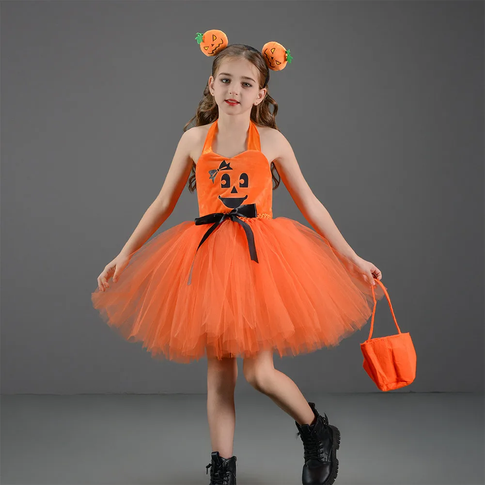 Halloween Pumpkin Festival Cosplay para meninas, vestido Tutu, Headwear, bolsa, traje de performance de palco, festa de carnaval, fantasia para crianças