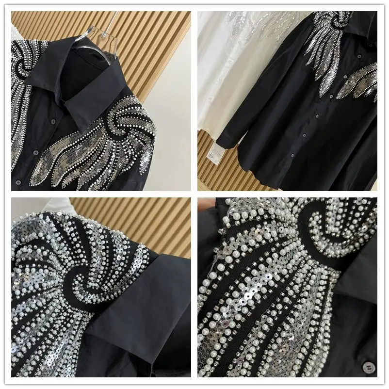 Luxury Sparking Wing Beaded Sequined Loose Shirts and Blouses for Women Autumn Spring Long Sleeve Long Top Female