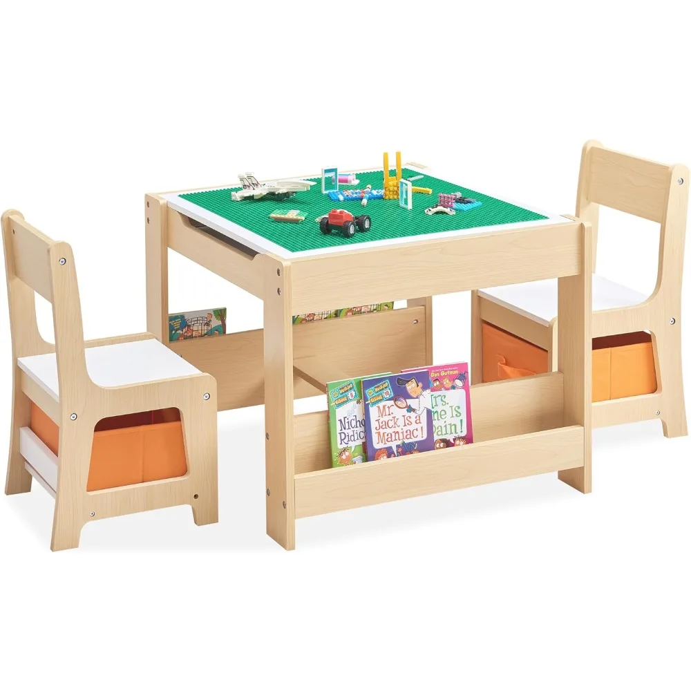 

Kids Table and Chair Set, 3 in 1 Wooden Activity Table with Bookshelves and Storage Drawer, 2 in 1 Detachable Tabletop