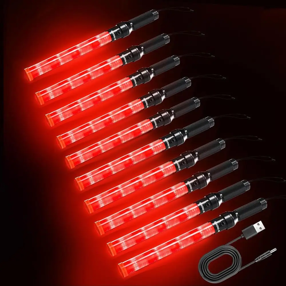 

Набор из 10 перезаряжаемых светодиодных палочек E-riding, 16 дюймов, красные, с 2 креплениями, для управления транспортом, сигнальные палочки, Air Marshalin