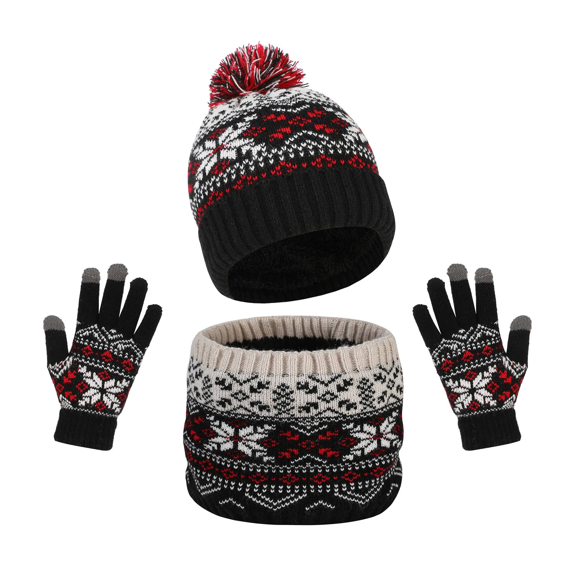 

Winter 3 Piece Set Warm Knit Beanie，Knit Gloves Round Scarf Outfits For Children Snowflake Fall Winter Wear