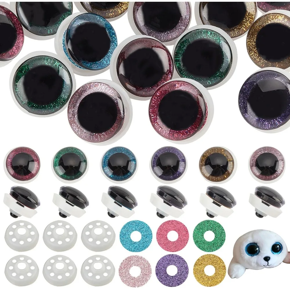 24 Sets Plastic Safety Eyes 6 Colors Stuffed Glitter Animal Eyes 35mm Craft Crochet Eyes for Teddy Bear, Amigurumi Craft, Puppet