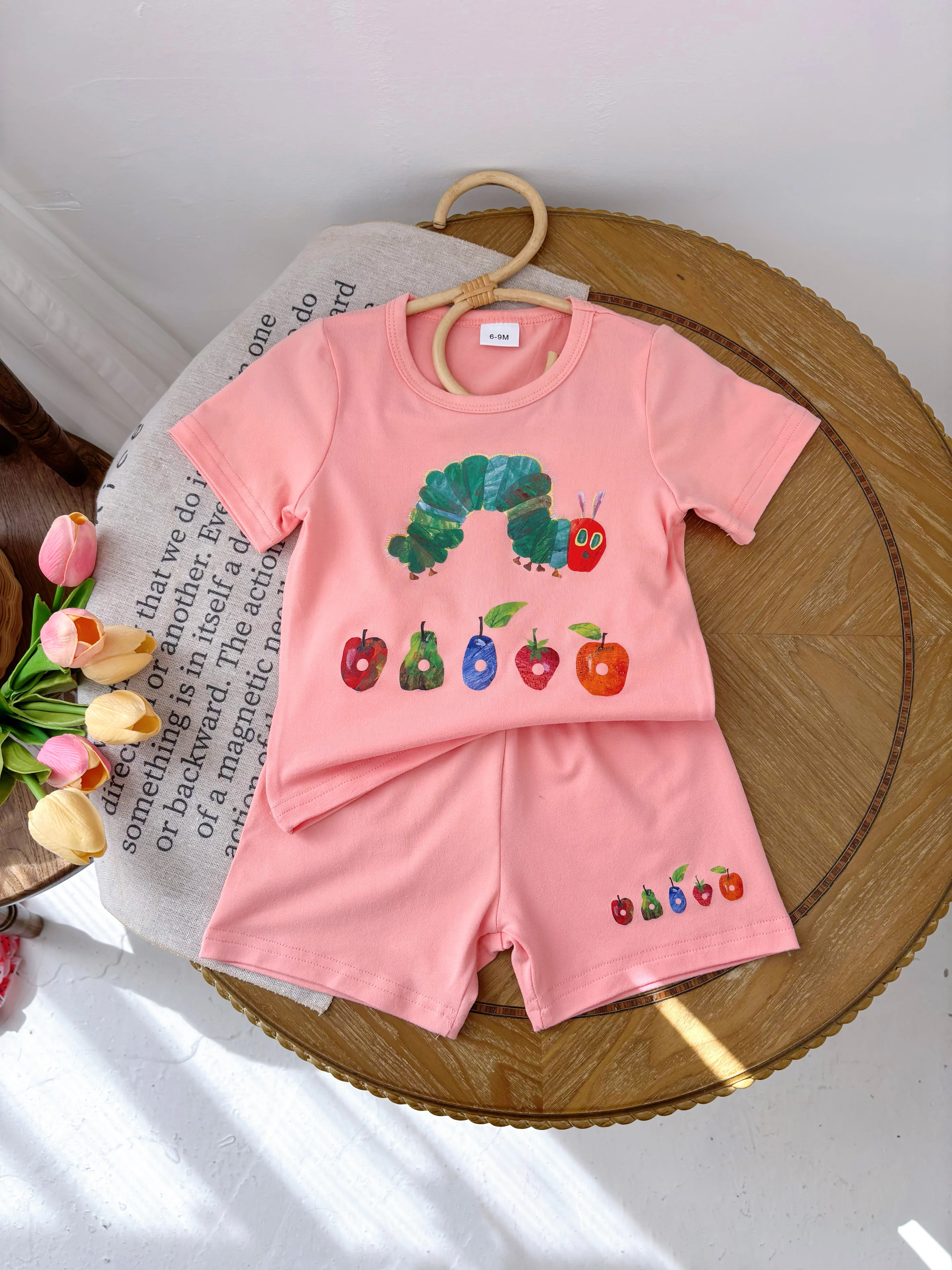 Girls Summer Casual Clothing suit-pink CATERPILLAR and Fruit Printed Short Sleeve T-Shirt and Shorts Two-Piece Set, Great for Ev