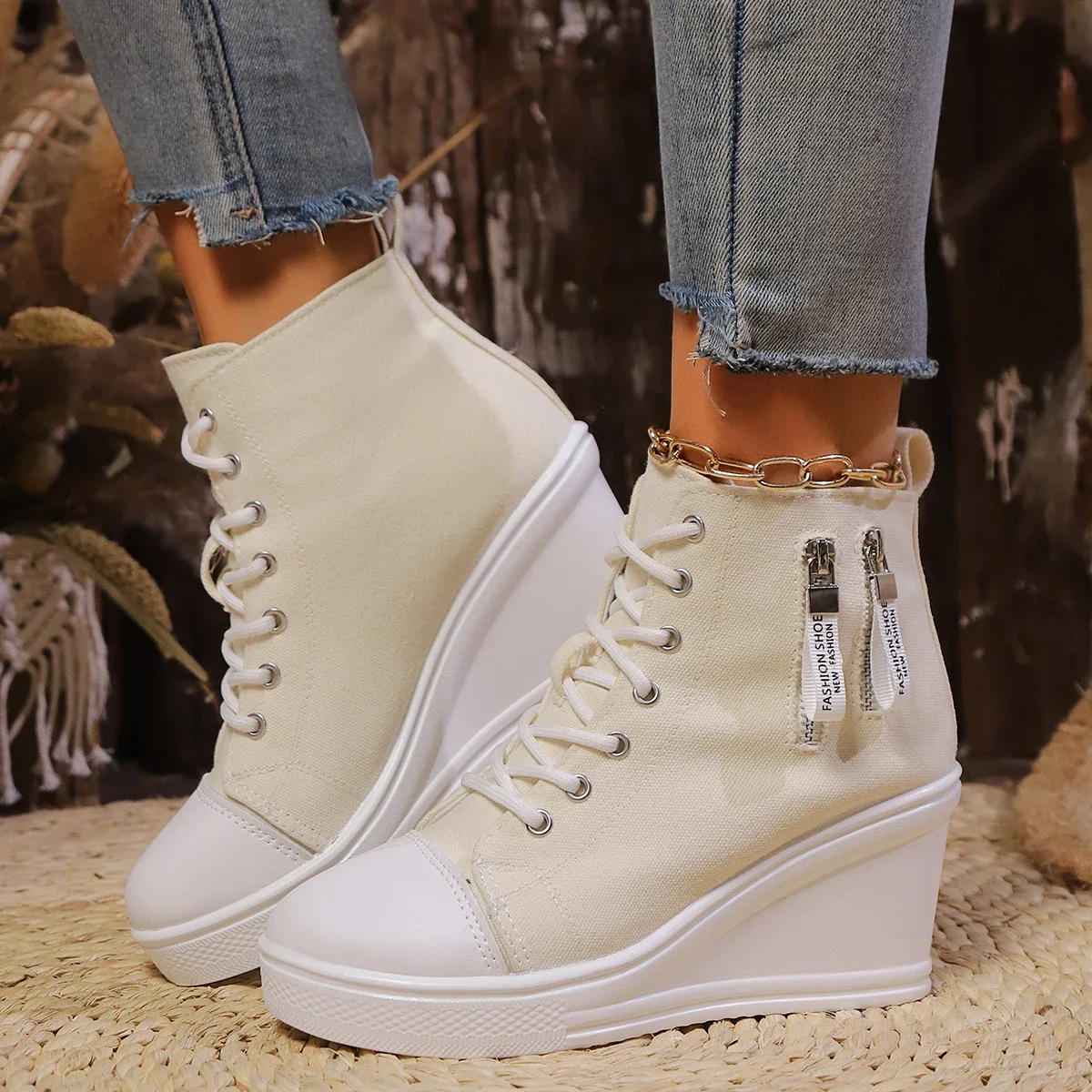 2024 neue Frauen Lace-Up Plattform Outdoor Keil Unsichtbare Ferse Leinwand Schuhe Keil Seite Zipper Erhöhte Hohe Atmungsaktive turnschuhe