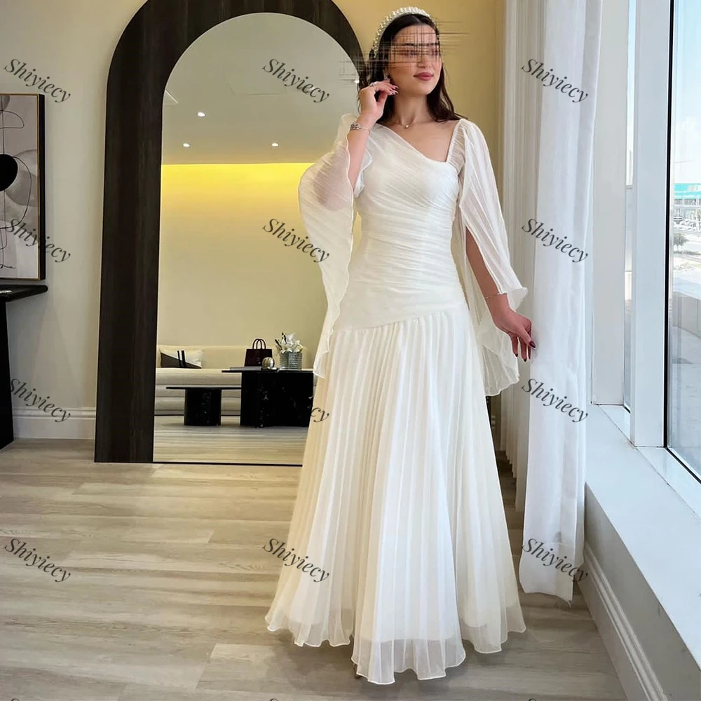 Chic Pleats Chiffon Formal Evening Dress Saudi Arabia Long Sleeve Solid Color Prom Party Gown Custom Made Special Occasion Dress