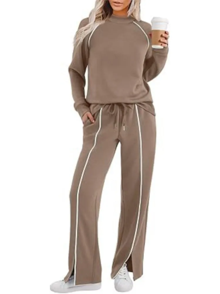 

Осенне-зимние женские костюмы-двойки, модные однотонные пуловеры с круглым вырезом и длинными рукавами, брюки, комплекты с разрезом, женская одежда