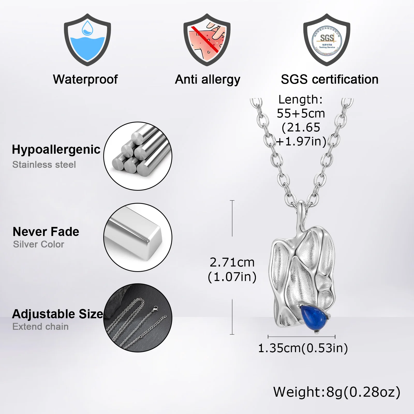 Trendige Blaue Stein-Halskette für Männer, Edelstahl Unregelmäßiger Gefalteter Quadratischer Anhänger, Hip-Hop-Schmuck Geschenk – Detail 2
