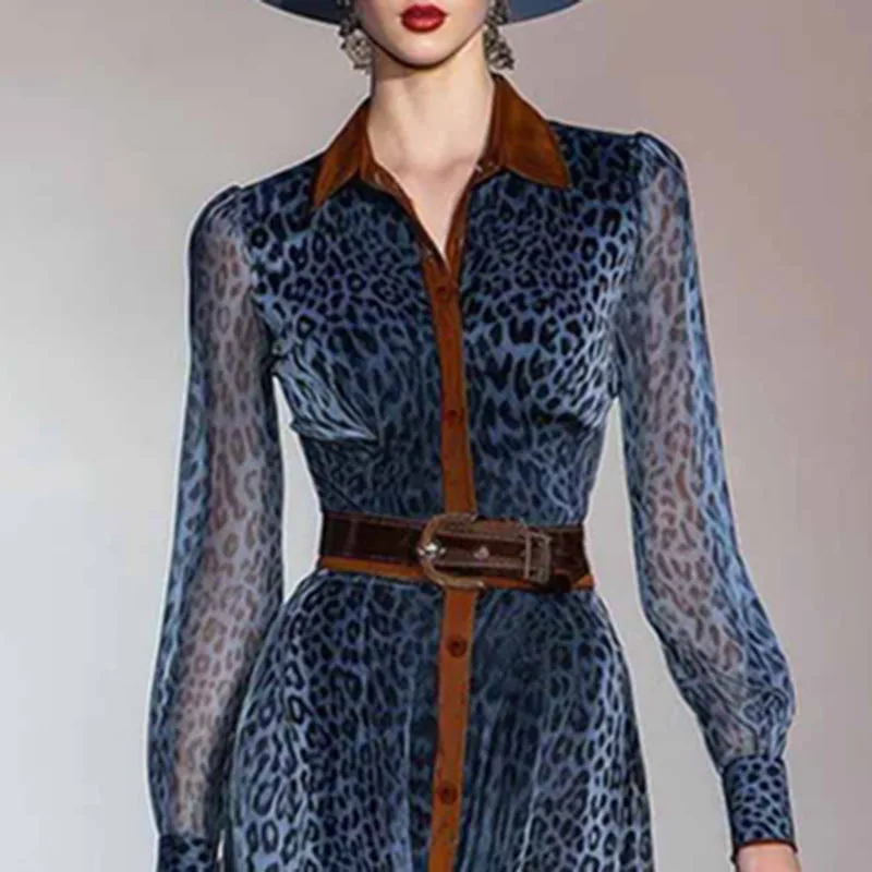 Sukienka imprezowa z siateczki w panterkę, patchworkowa, damska, zapinana na guziki, z kołnierzykiem, jesienno-zimowa, z długim rękawem, w stylu vintage, o kroju litery A.