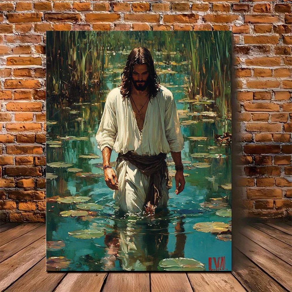 (No frame)2D Flat, 2D Flat 1pc Vintage Jesus Walking on Water Canvas Wall Art Impressionistic Christian Religious Painting fo