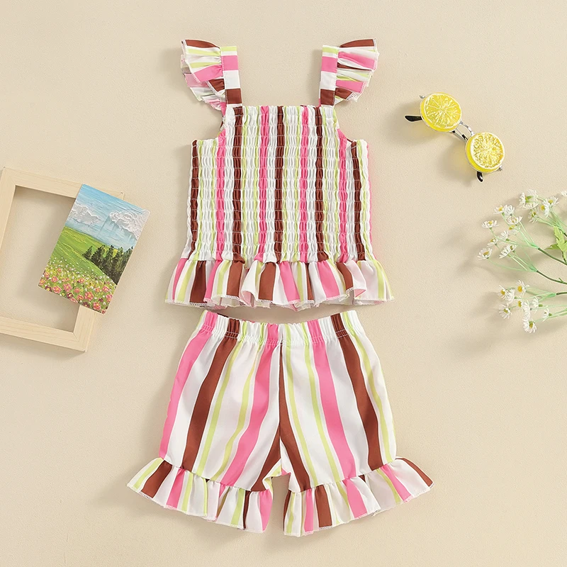 Girls Summer 2 Piece Set Square Neck Striped Cami Tops Elastic Waist Frill Trim Shorts Infant Toddler Contrast Color Outfits