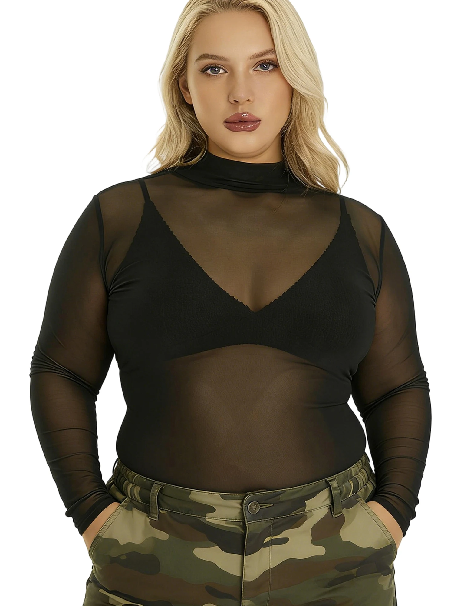 

Women T-shirt Long Sleeve Turtleneck See-through Solid Fit Sheer Tops Clubwear
