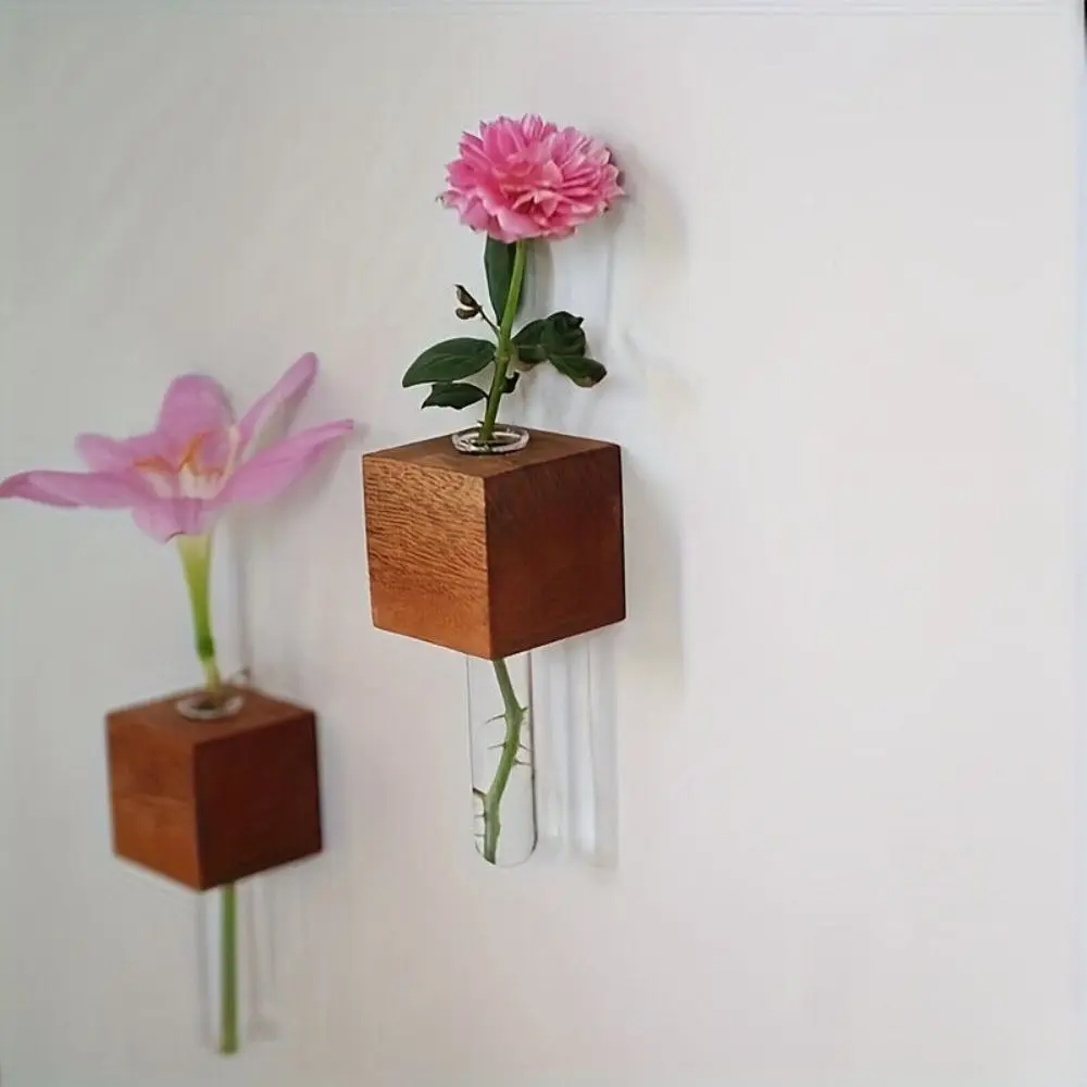 Wooden Test Tube Vase DIY Flower Arrangement Magnetic Simulation Flower Vase Refrigerator Sticker Home Kitchen Decoration