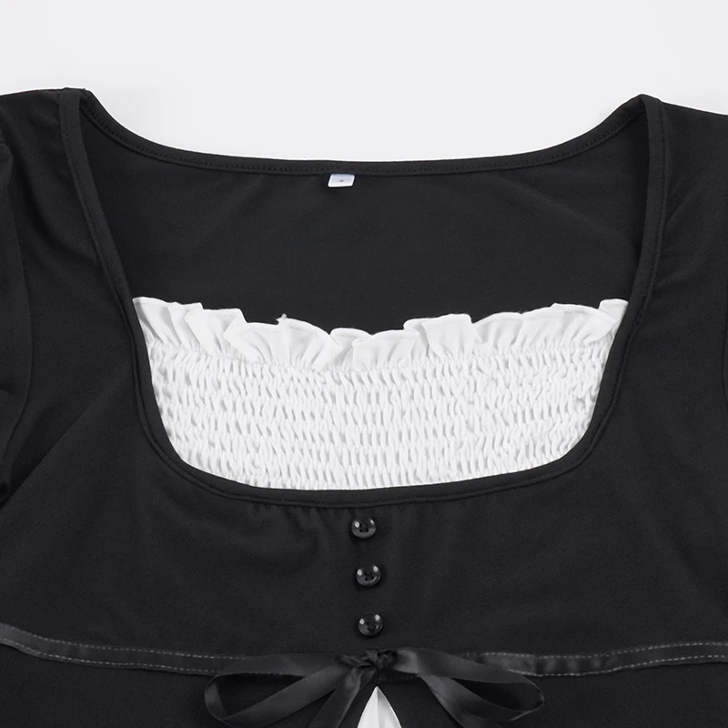 SUCHCUTE Vintage Fake Two Piece T-Shirts für Damen, Puffärmel, Patchwork, Schleife, schmaler quadratischer Kragen, Y2k, Freizeitkleidung, Sommer-Chic – Detail 6