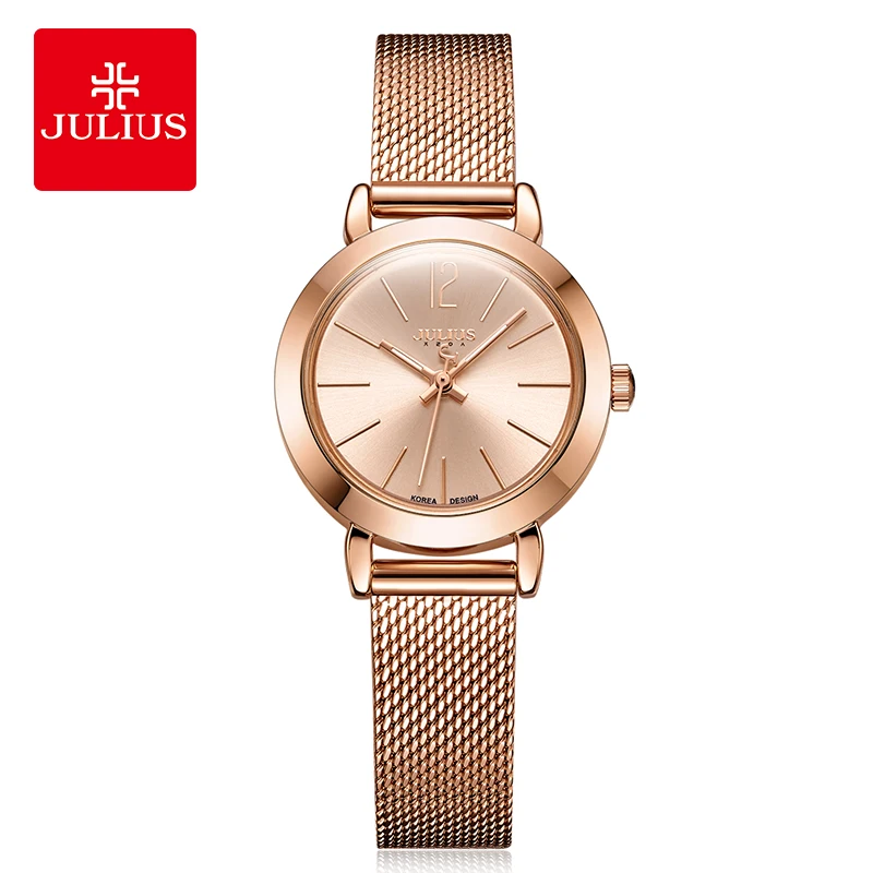 JULIUS JA-732 Female Women's Silver Rose Gold Tone Mesh Stainless Steel Quartz Analog Waterproof Fashion Watch Casual Wristwatch
