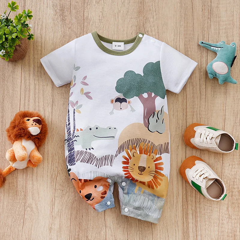 Summer newborn short sleeved cute animal simple jumpsuit, simple style, comfortable and breathable