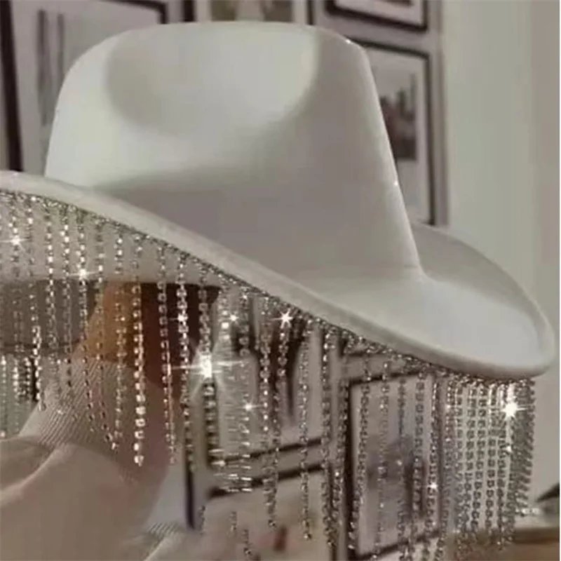 Women Rhinestone Tassel Cowgirl Hat Wide Brim Diamond Glitter Western Hat Cowgirl Cap for Wedding Music Costume Party