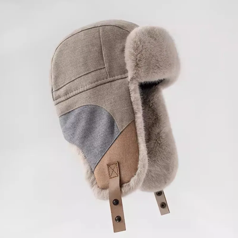 Farbblock-Wintermütze mit Fleece-Futter, Ohrenklappen, winddicht, windresistent, dicke, thermische Patchwork-Skimütze – Detail 6