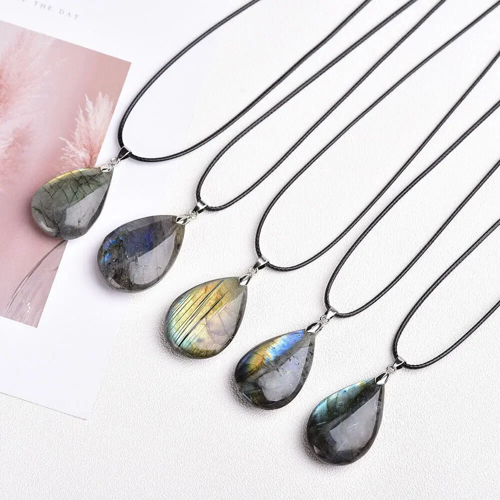 

Mineraali Flash Natural Labradorites Water Drop Pendants Black Rope Mens Necklaces Gemstone Energy Blue Quartz Moonstone Jewelry