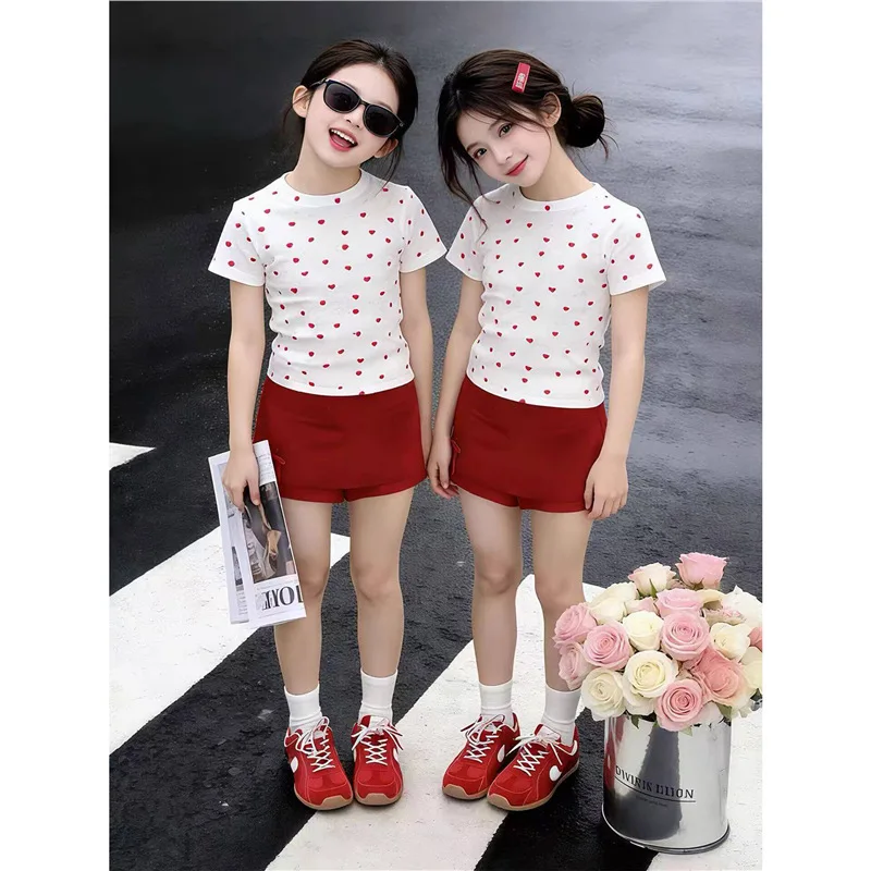 

RAISE Summer Children Girls Outfits Thin Red Love Printed Kids Girl Short Sleeves Suit Loose Casual Baby Girls Culottes 2PCS Set