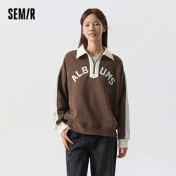 Semir Sweatshirt Women Polo Collar Letter Loose Winter Colorblock Fleece Retro Top